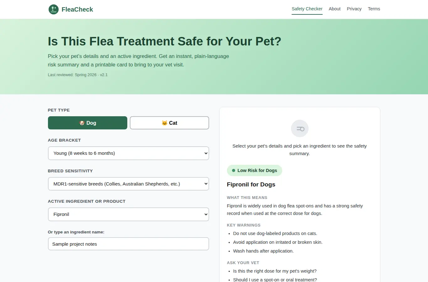 Screenshot of Is This Flea Treatment Safe for Your Pet? interface showing the project page in use